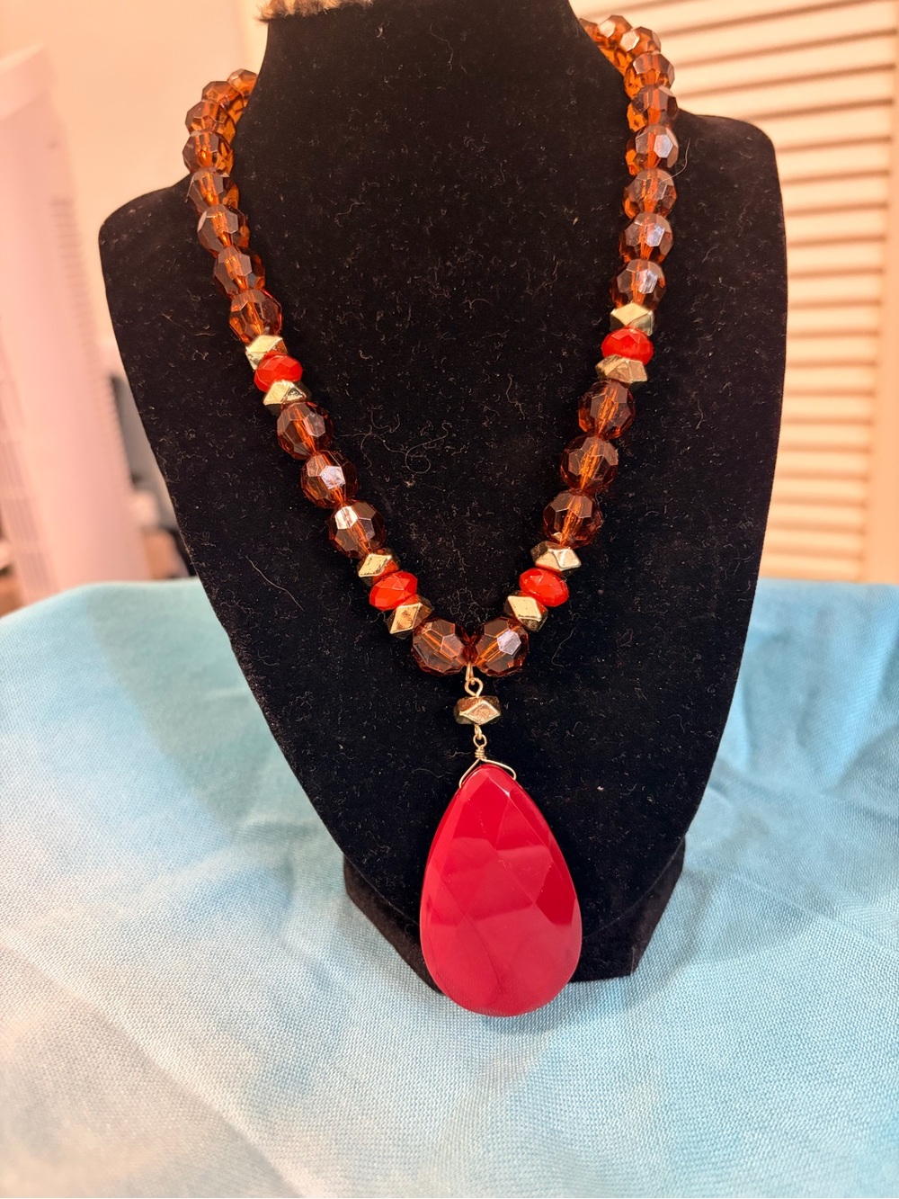Women’s Red Teardrop Pendant Necklace with Genuine Stone and Gold Accents